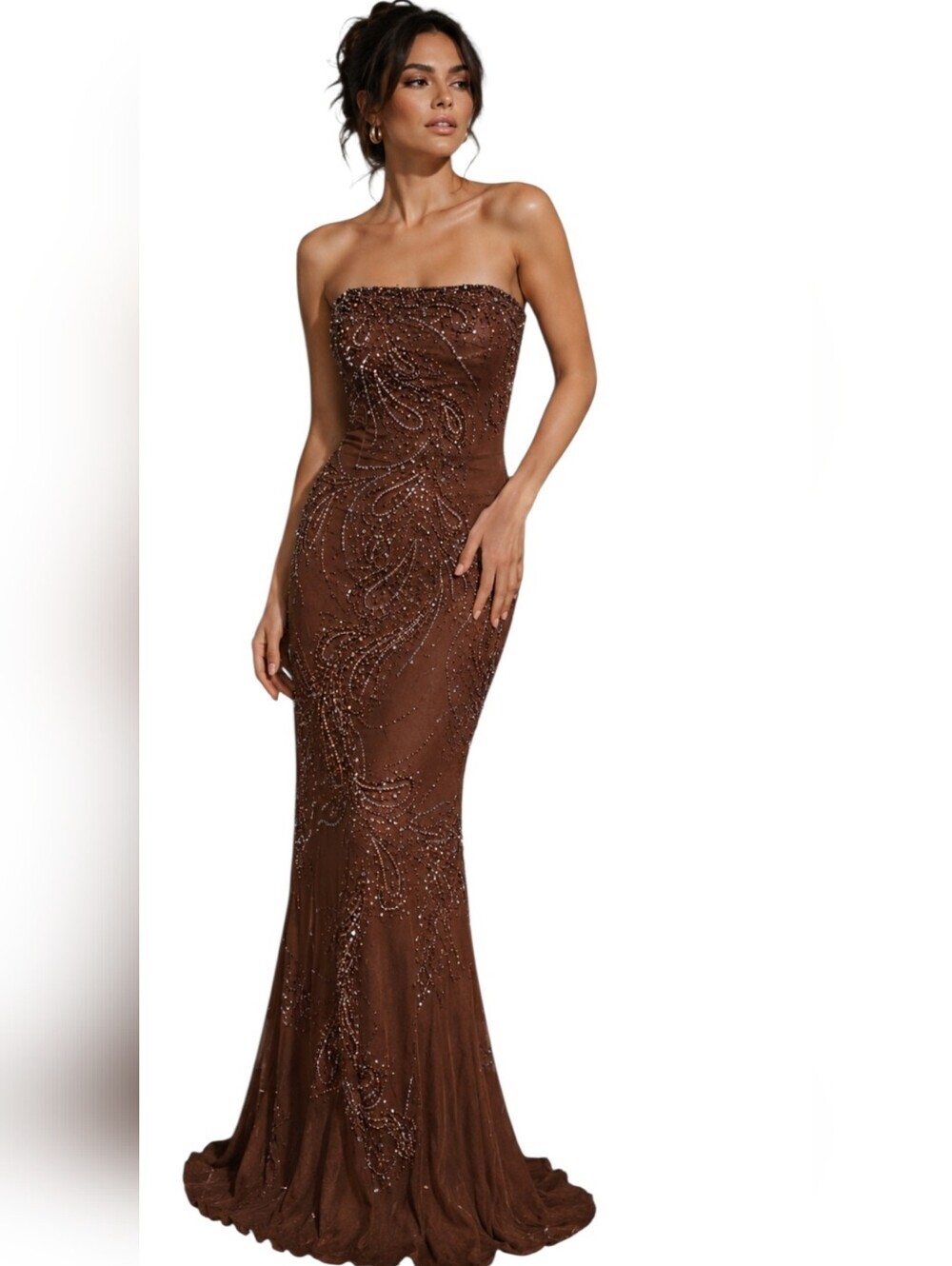 Vintage Riva Designs Silk Beaded Statement Gown Strapless Brown Old Hollywood. 2